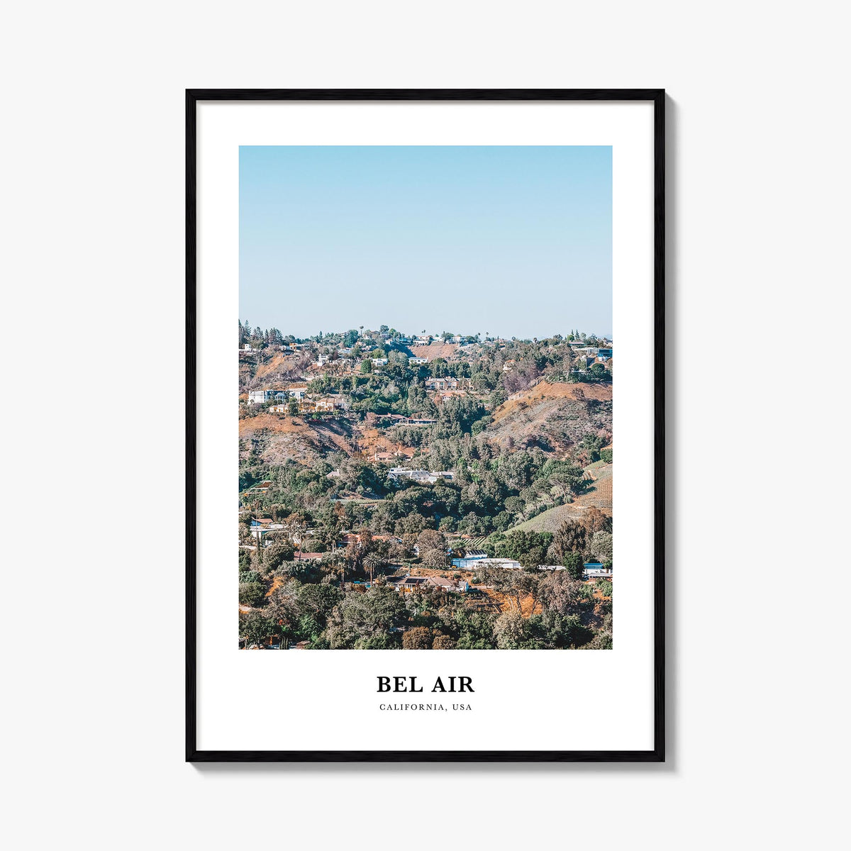 Bel Air colorful classic poster of California, USA – vertical wall art, unframed print shown in interior mockup