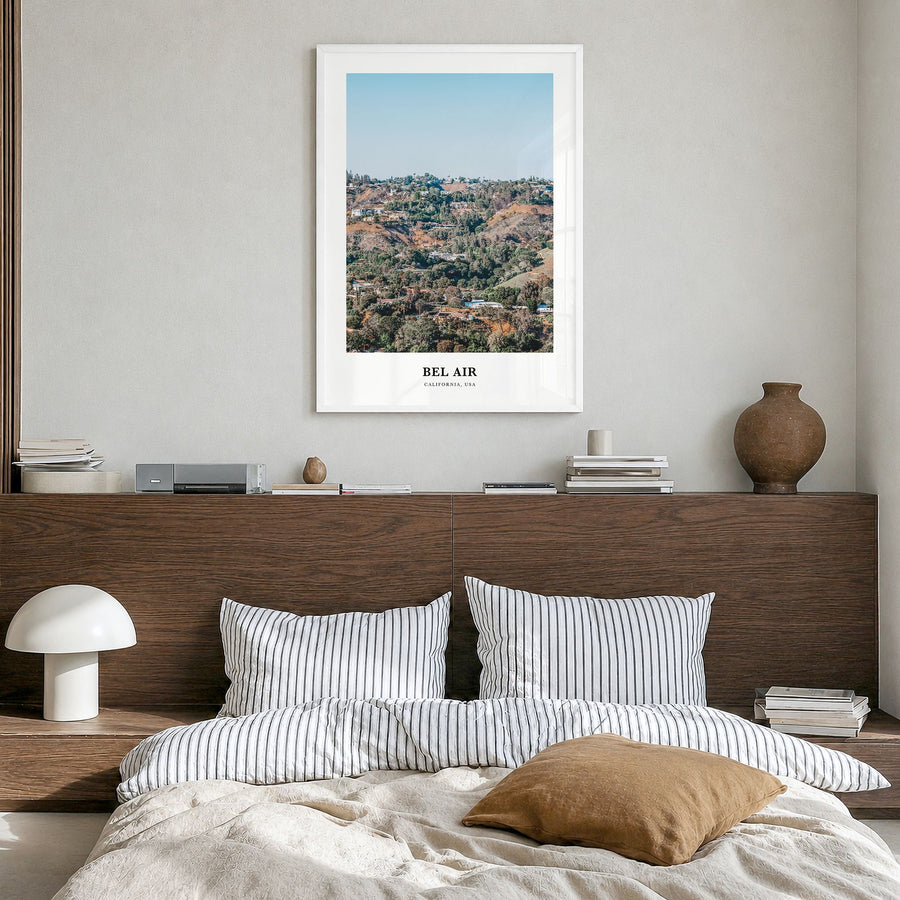 Bel Air Classic Poster in a white wood frame, hanging in a bedroom