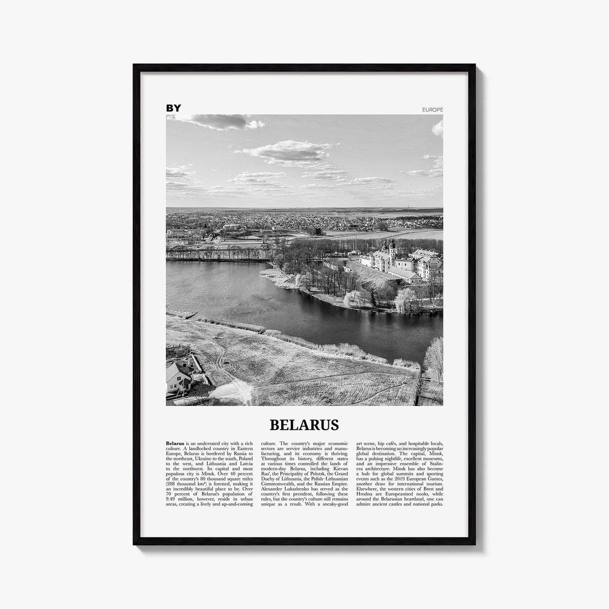 Belarus black & white newspaper poster of Europe – vertical wall art, unframed print shown in interior mockup