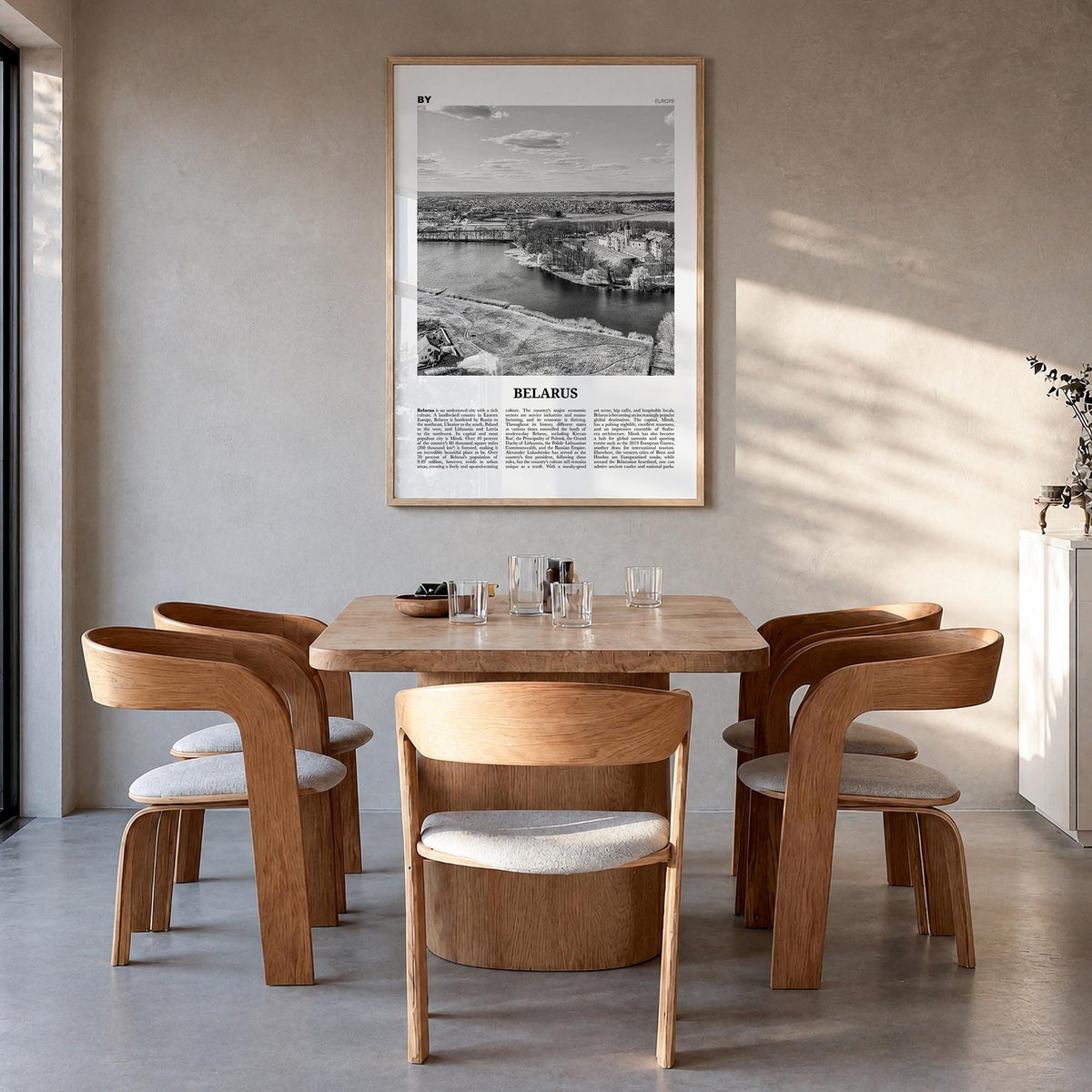 Belarus black & white newspaper poster of Europe – vertical wall art in natural wood frame, hanging on wall