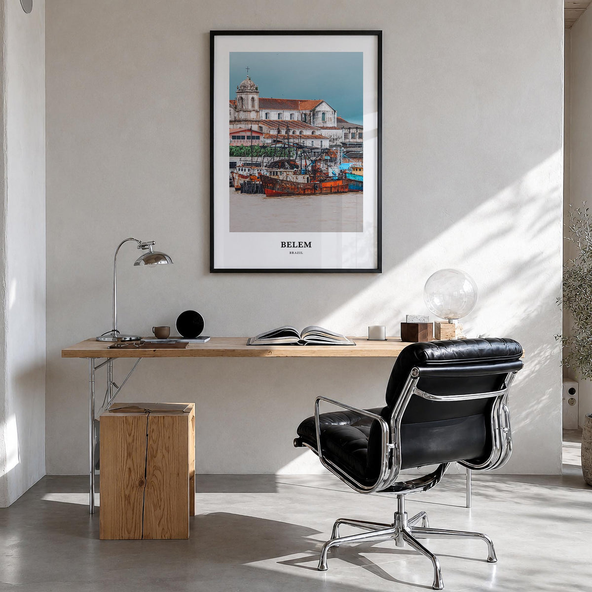 Belém colorful classic poster of Brazil – vertical wall art in black wood frame, hanging on wall