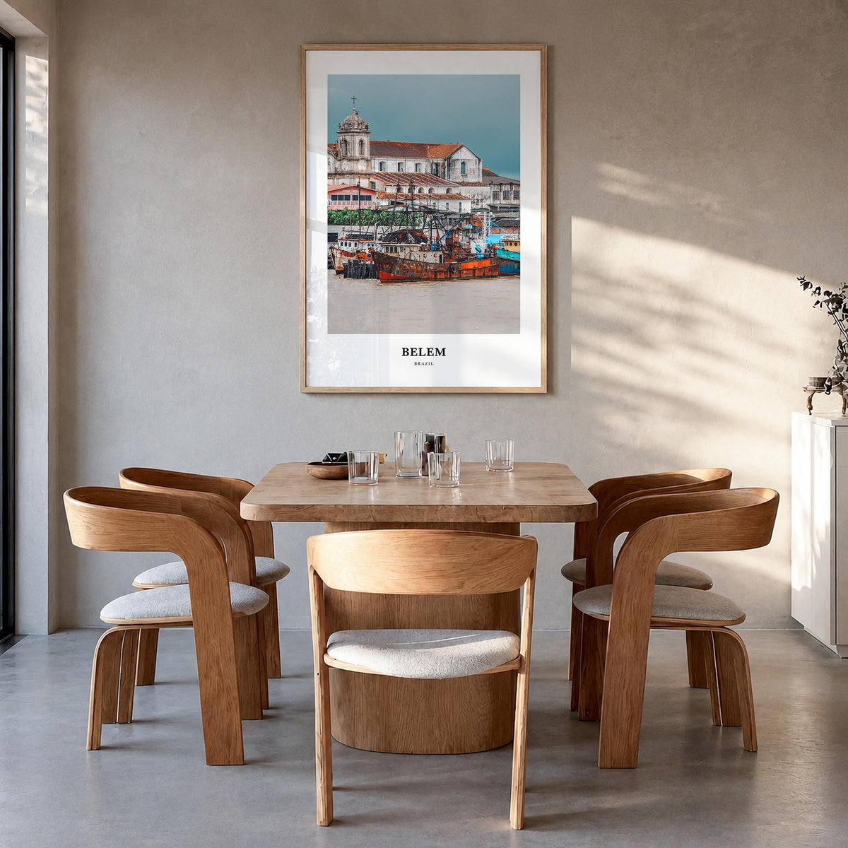 Belém colorful classic poster of Brazil – vertical wall art in natural wood frame, hanging on wall