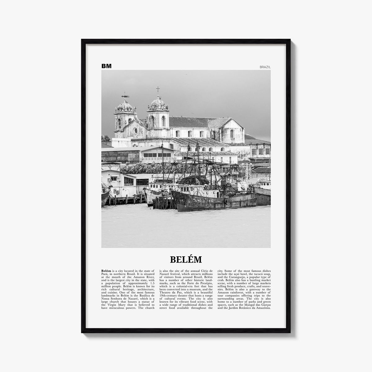 Belém no. 2 black & white newspaper poster of Brazil – vertical wall art, unframed print shown in interior mockup