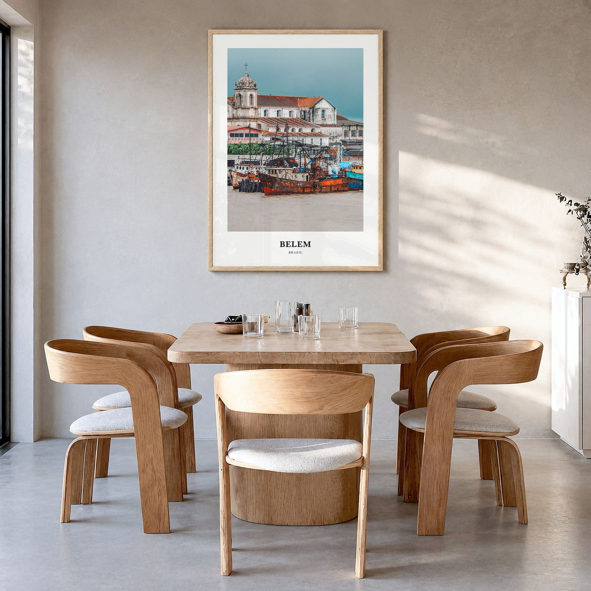 Belém Classic Poster in a natural wood frame, hanging in a dining room