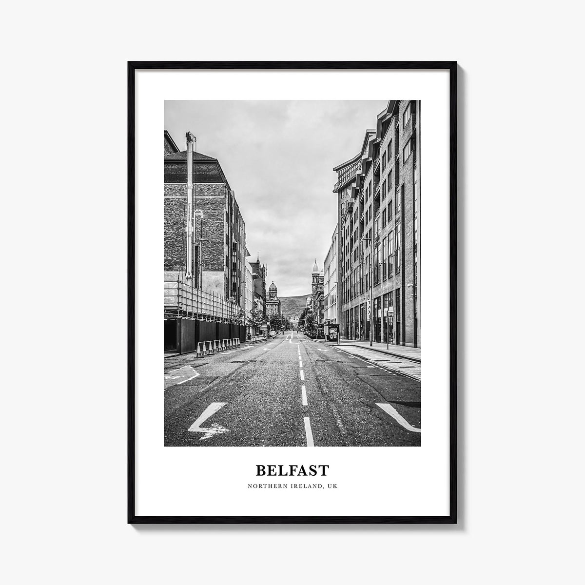 Belfast black & white classic poster of Northern Ireland, UK – vertical wall art, unframed print shown in interior mockup