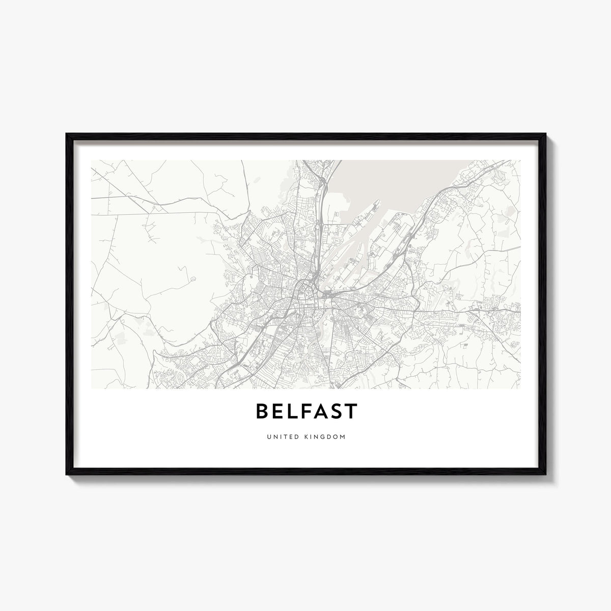 Belfast black & white map poster of Northern Ireland, UK – horizontal wall art, unframed print shown in interior mockup
