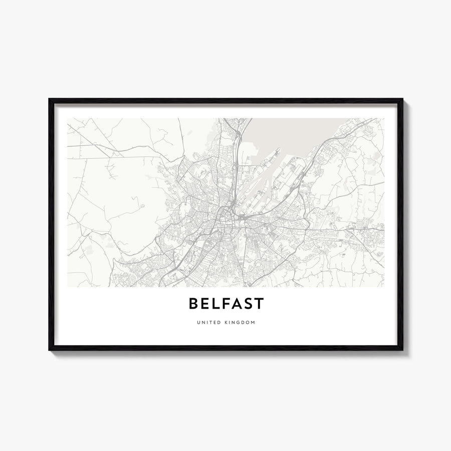 Belfast black & white map poster of Northern Ireland, UK – horizontal wall art, unframed print shown in interior mockup