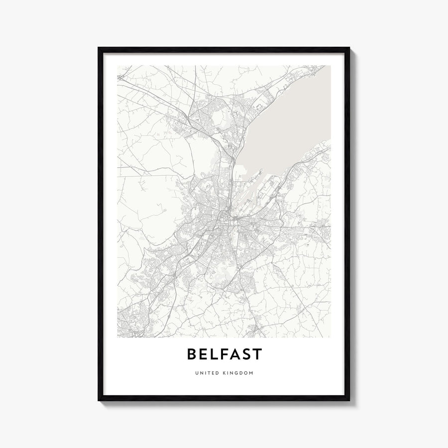 Belfast black & white map poster of Northern Ireland, UK – vertical wall art, unframed print shown in interior mockup