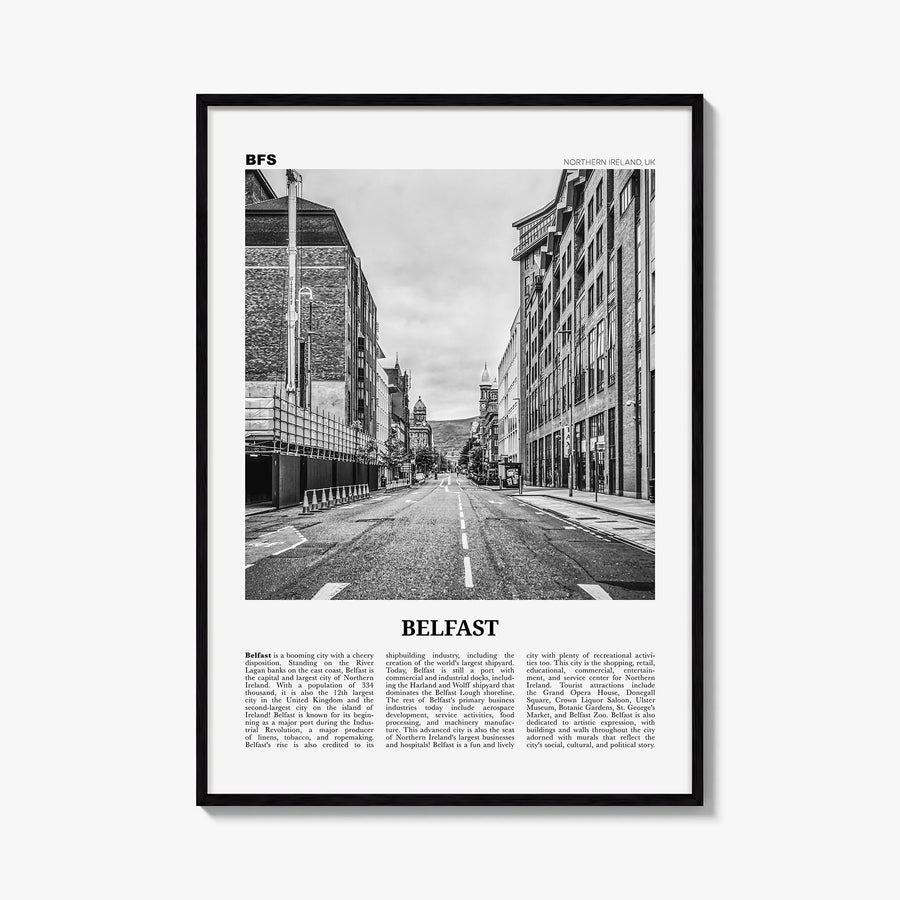 Belfast black & white newspaper poster of Northern Ireland, UK – vertical wall art, unframed print shown in interior mockup
