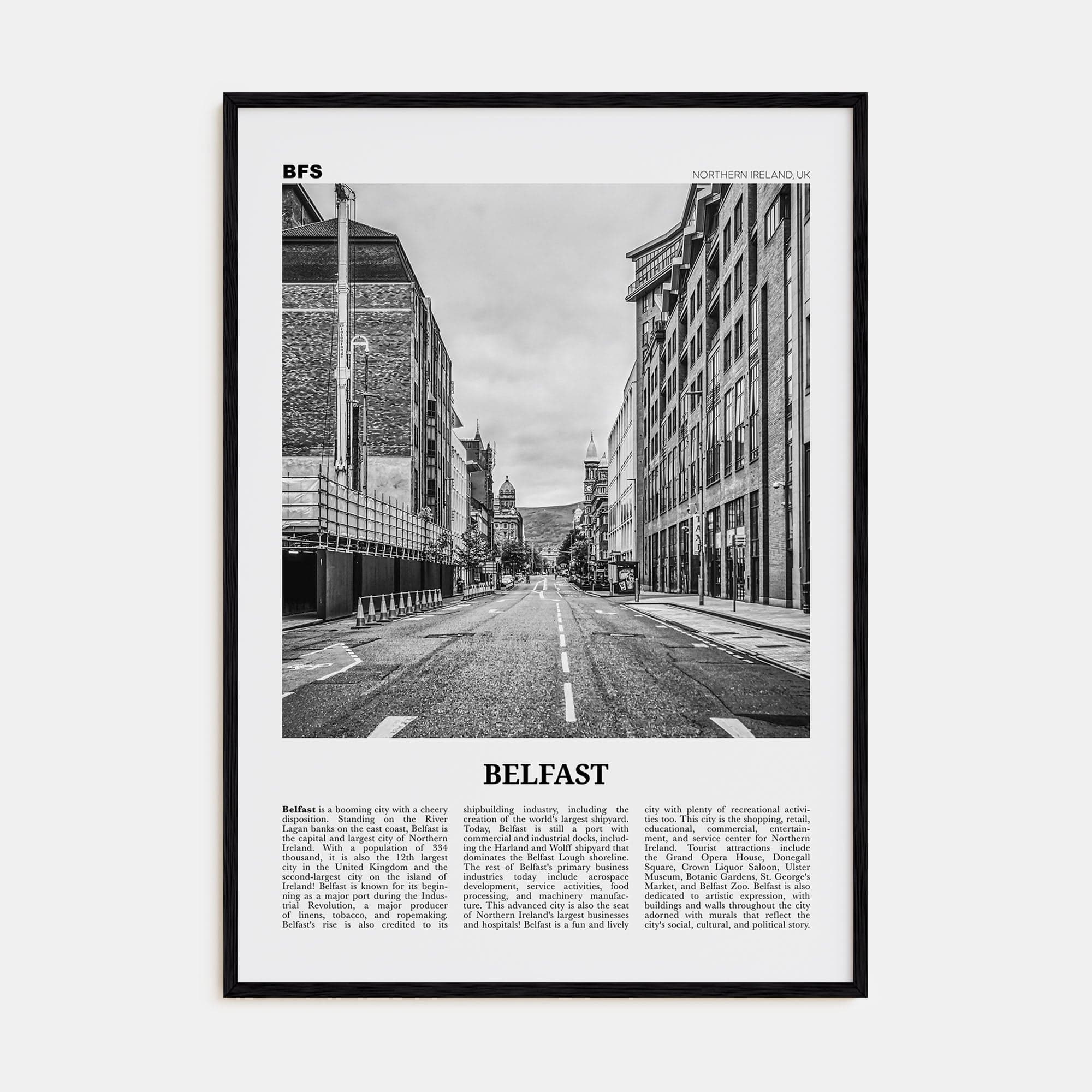 Belfast Poster Black Wood / 8x12 in Nbourhood Travel B&W Poster