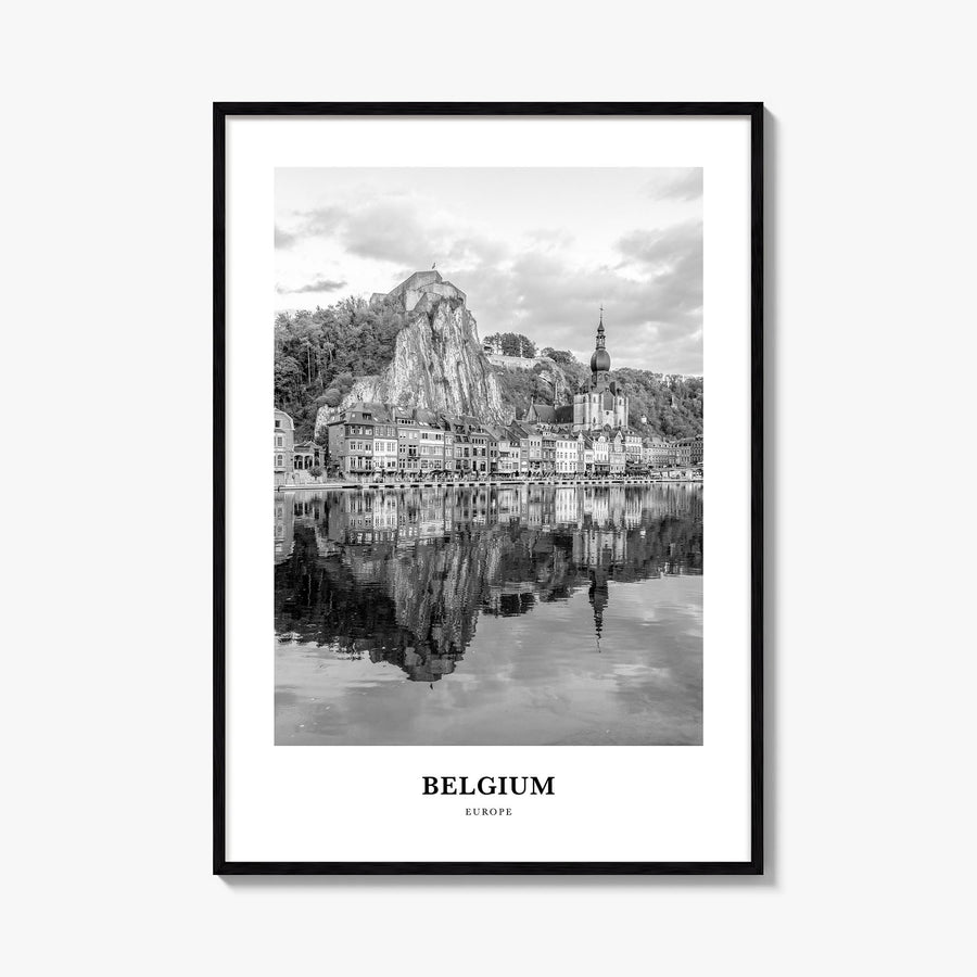 Belgium no. 2 black & white classic poster of Europe – vertical wall art, unframed print shown in interior mockup