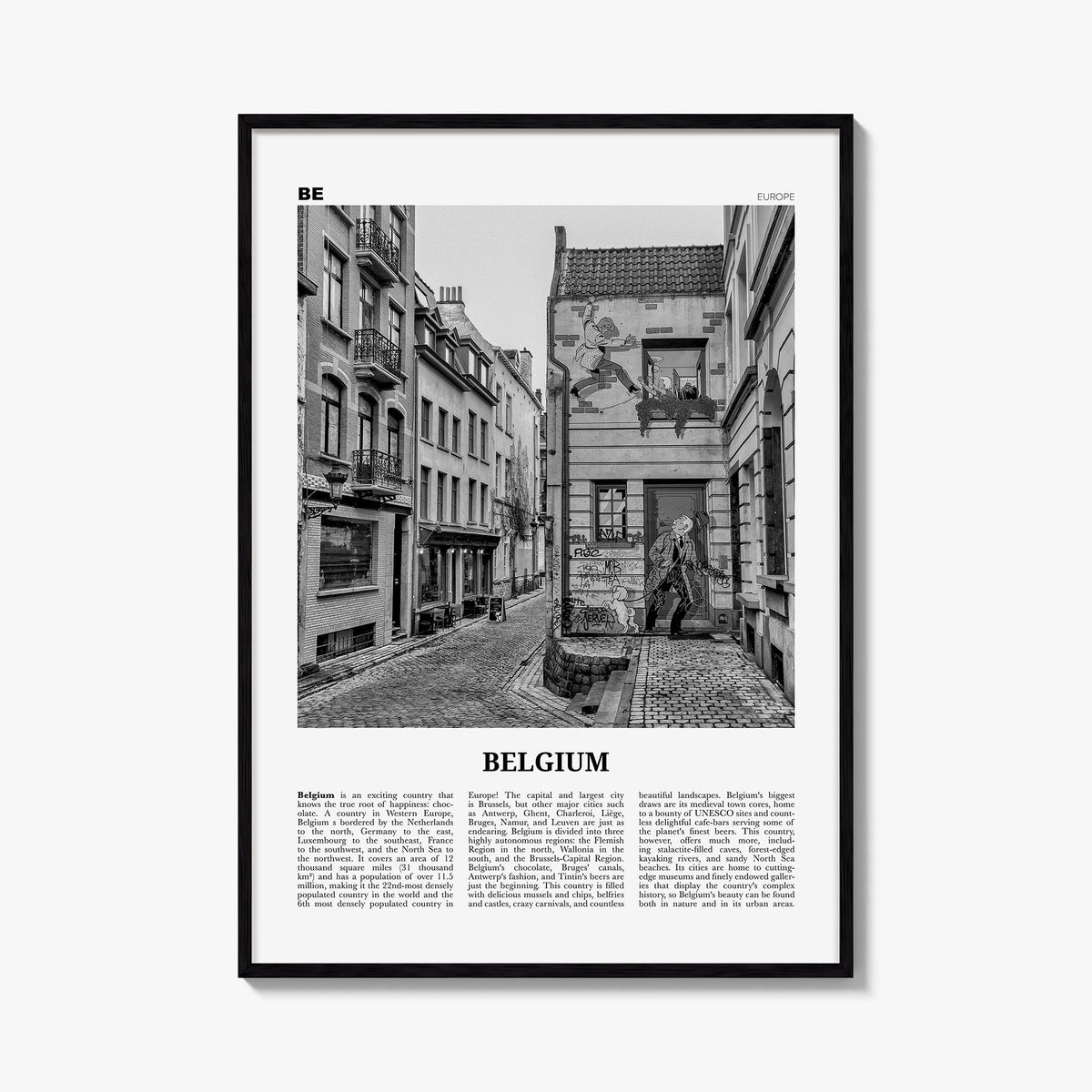 Belgium no. 2 black & white newspaper poster of Europe – vertical wall art, unframed print shown in interior mockup