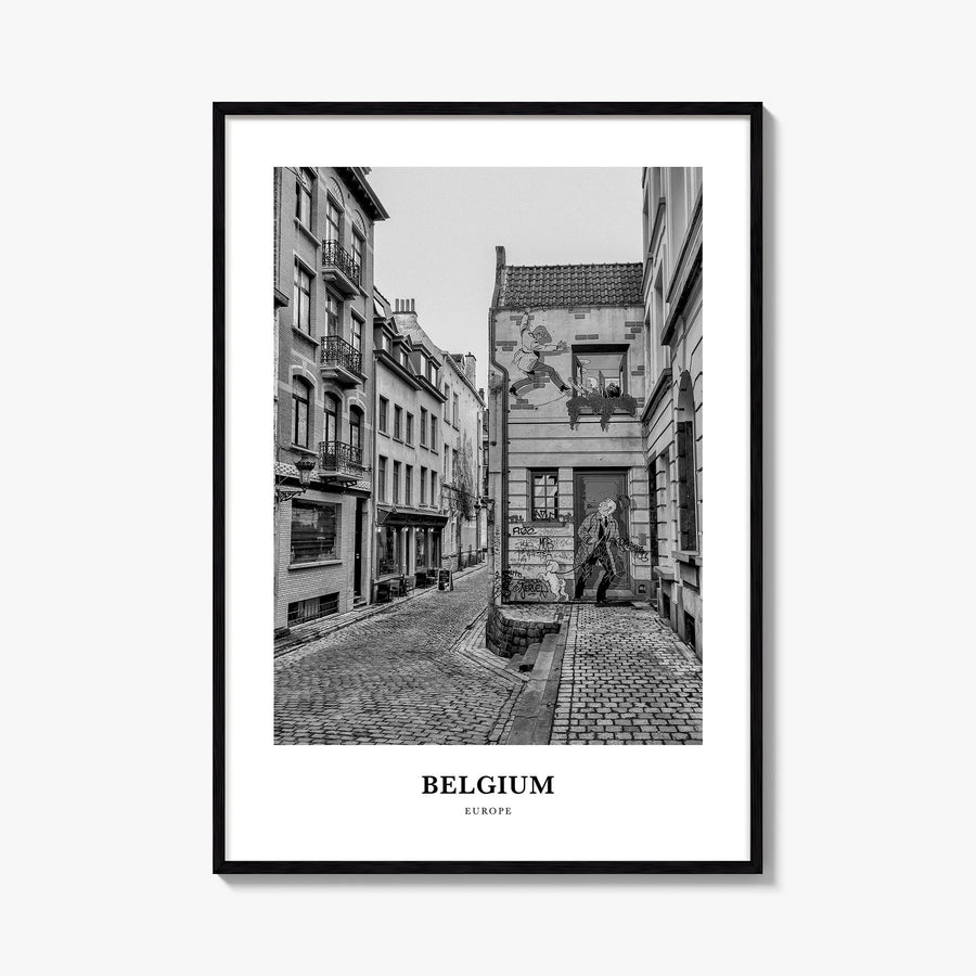 Belgium no. 3 black & white classic poster of Europe – vertical wall art, unframed print shown in interior mockup