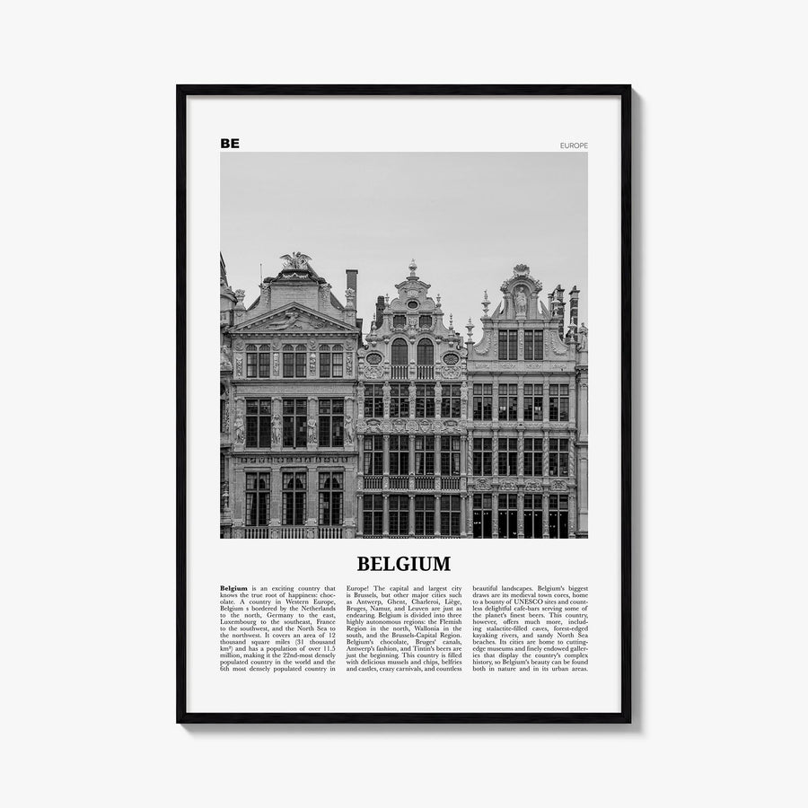 Belgium no. 3 black & white newspaper poster of Europe – vertical wall art, unframed print shown in interior mockup