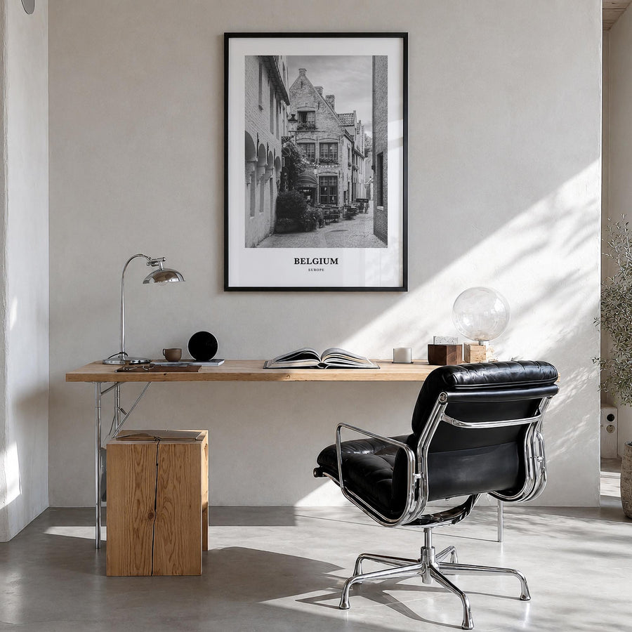 Belgium no. 4 black & white classic poster of Europe – vertical wall art in black wood frame, hanging on wall