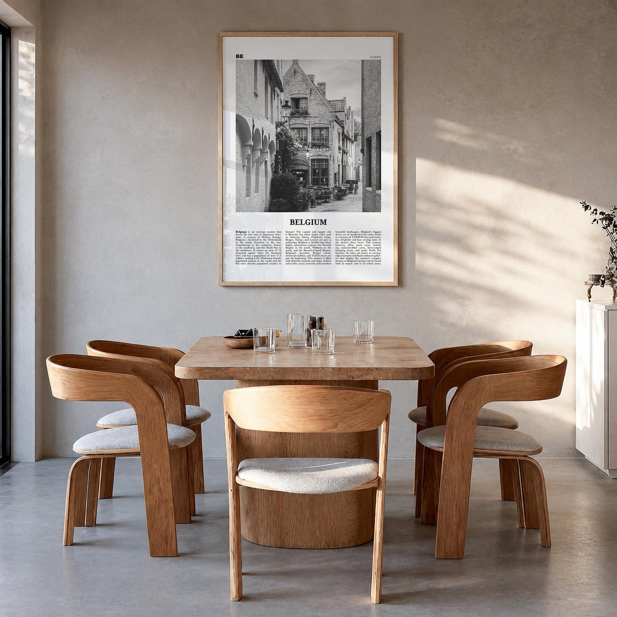 Belgium no. 4 black & white newspaper poster of Europe – vertical wall art in natural wood frame, hanging on wall