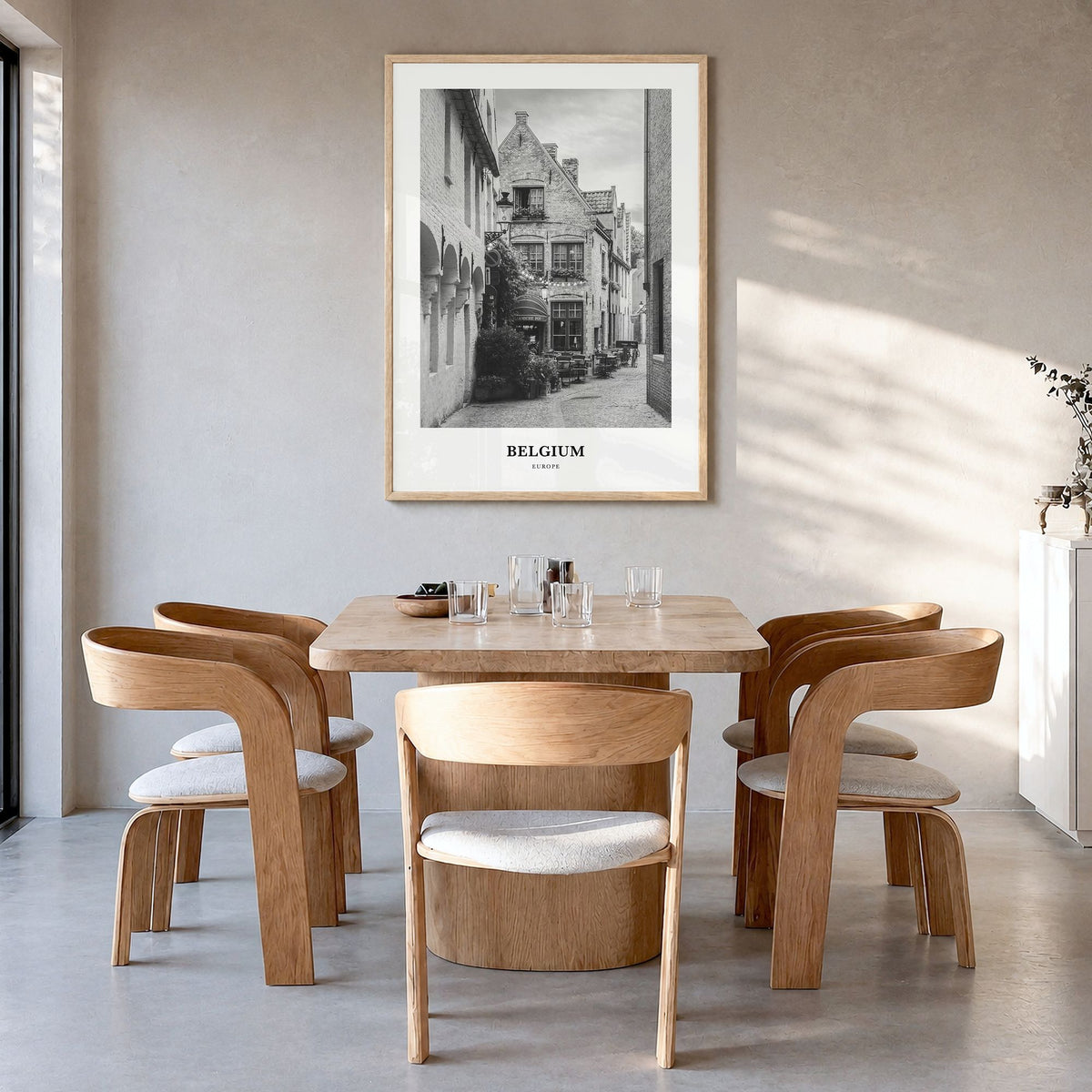 Belgium Classic No 4 Poster in a natural wood frame, hanging in a dining room