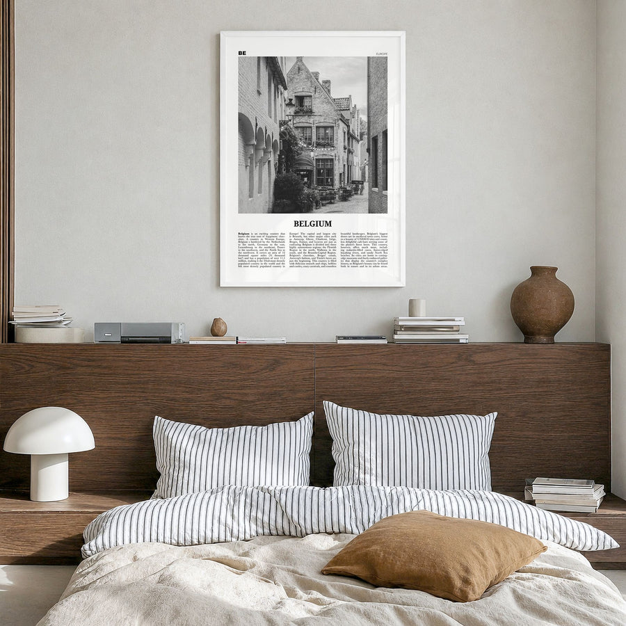 Belgium Newspaper No 4 Poster in a white wood frame, hanging in a bedroom
