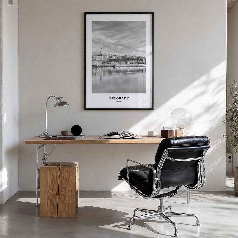 Belgrade black & white classic poster of Serbia – vertical wall art in black wood frame, hanging on wall