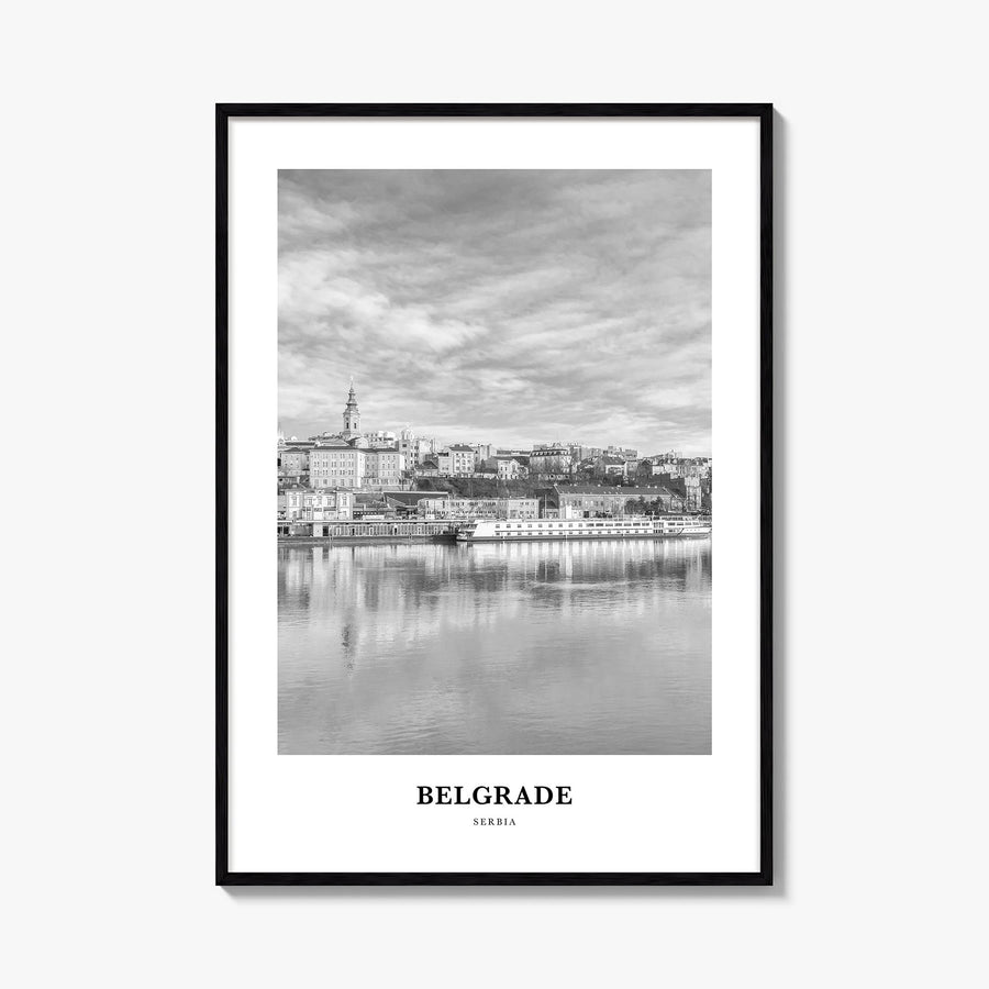 Belgrade black & white classic poster of Serbia – vertical wall art, unframed print shown in interior mockup