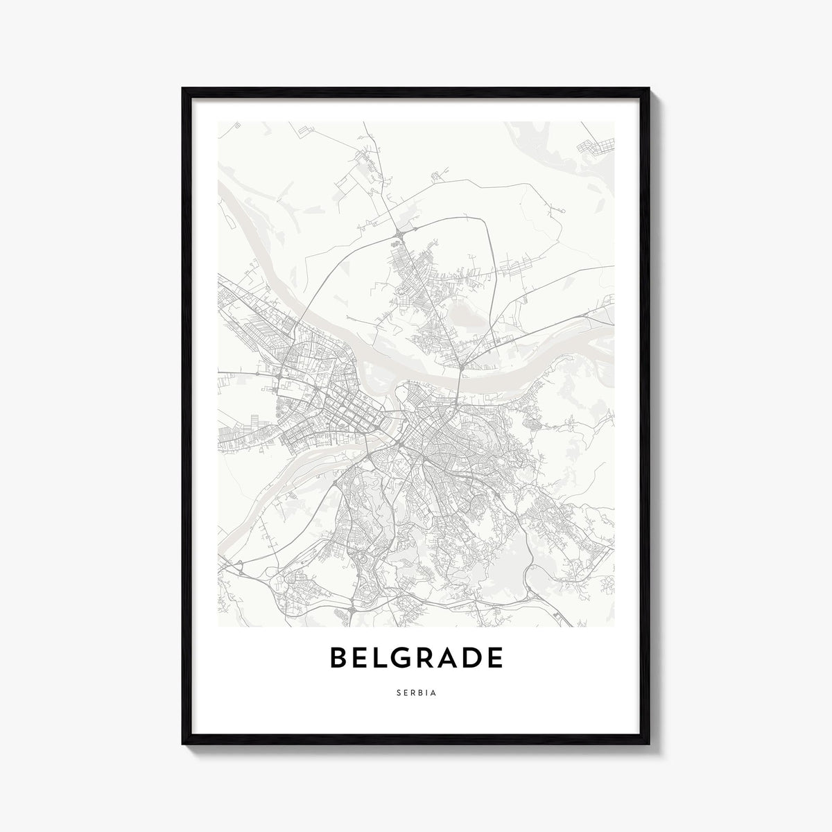 Belgrade black & white map poster of Serbia – vertical wall art, unframed print shown in interior mockup