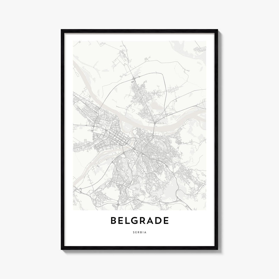 Belgrade black & white map poster of Serbia – vertical wall art, unframed print shown in interior mockup
