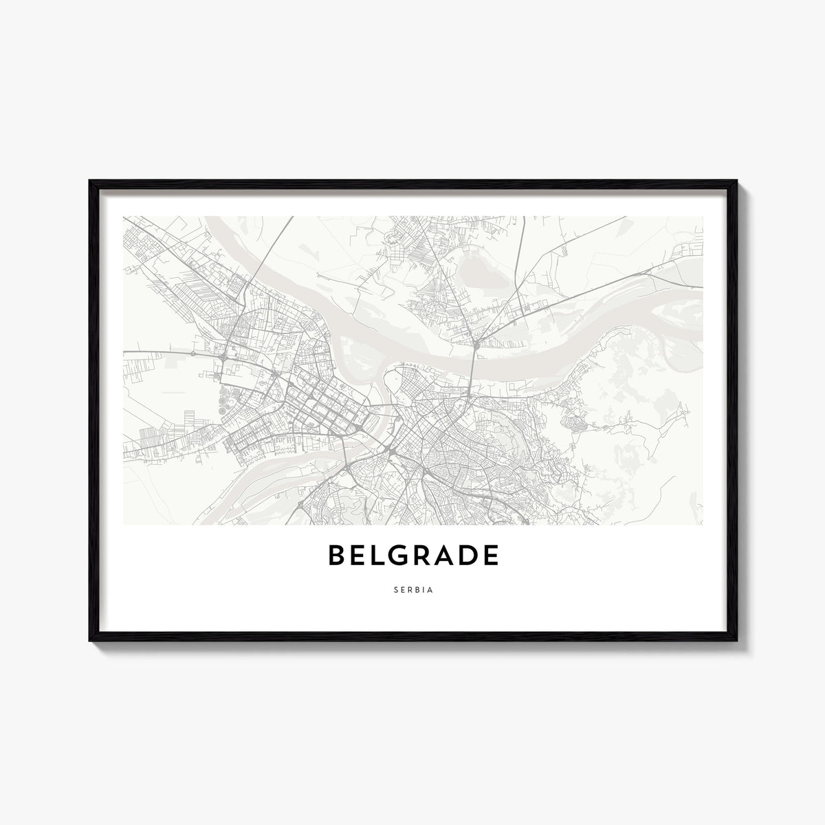 Belgrade black & white map poster of Serbia – horizontal wall art, unframed print shown in interior mockup