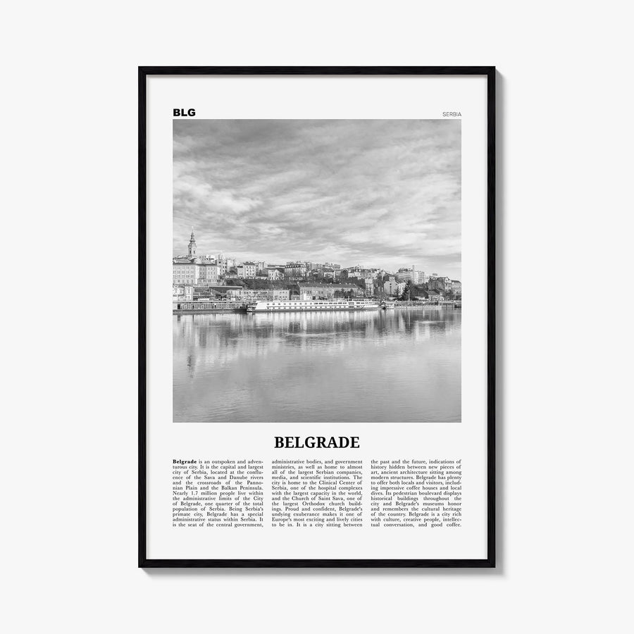Belgrade black & white newspaper poster of Serbia – vertical wall art, unframed print shown in interior mockup