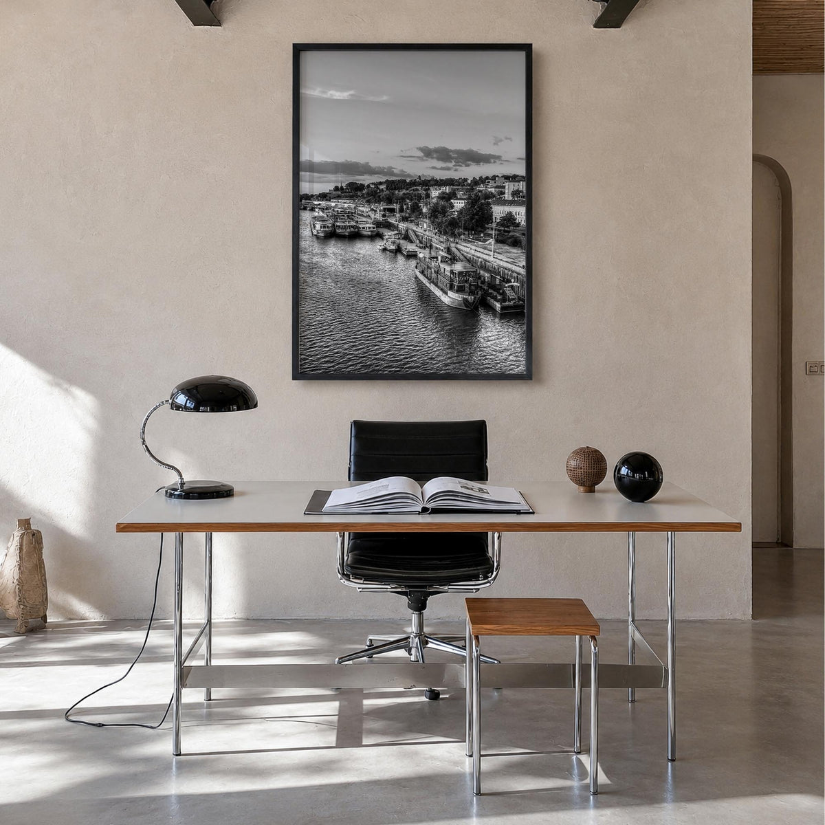Belgrade black & white photo poster of Serbia – vertical wall art in black wood frame, hanging on wall