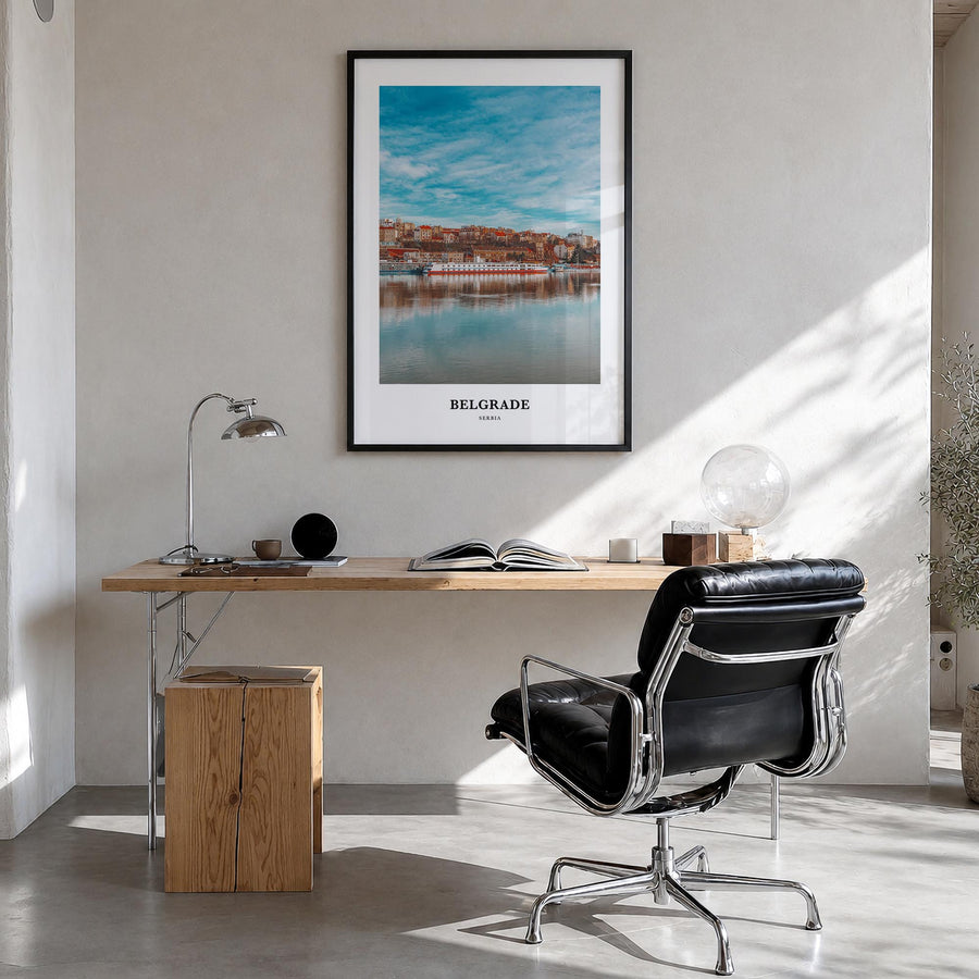 Belgrade colorful classic poster of Serbia – vertical wall art in black wood frame, hanging on wall