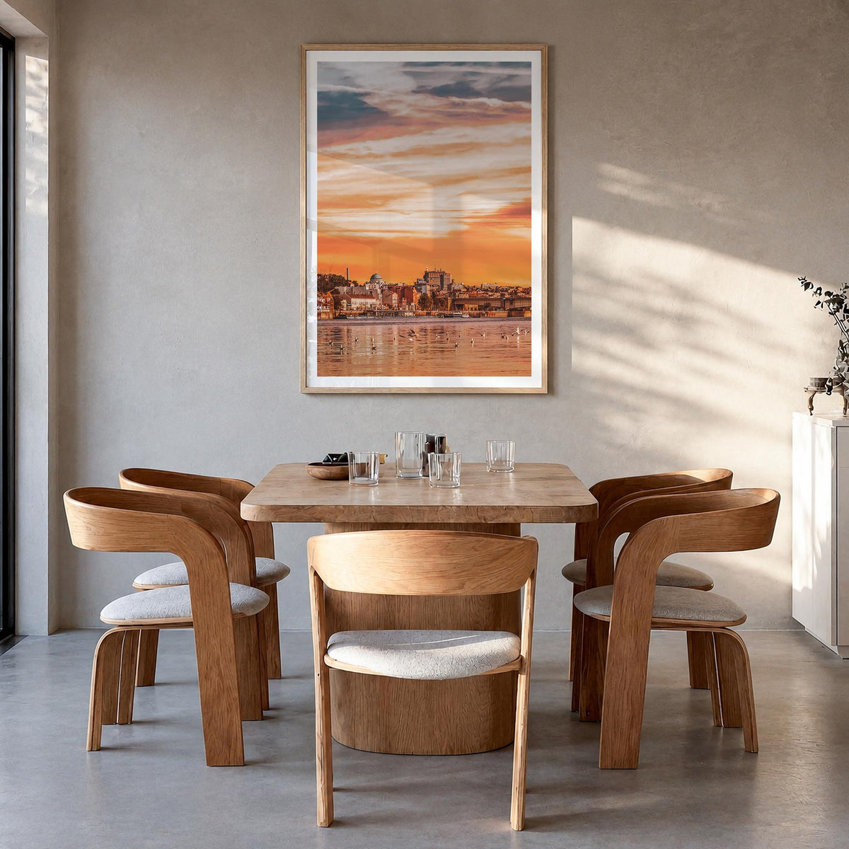 Belgrade colorful photo poster of Serbia – vertical wall art in natural wood frame with white border, hanging on wall