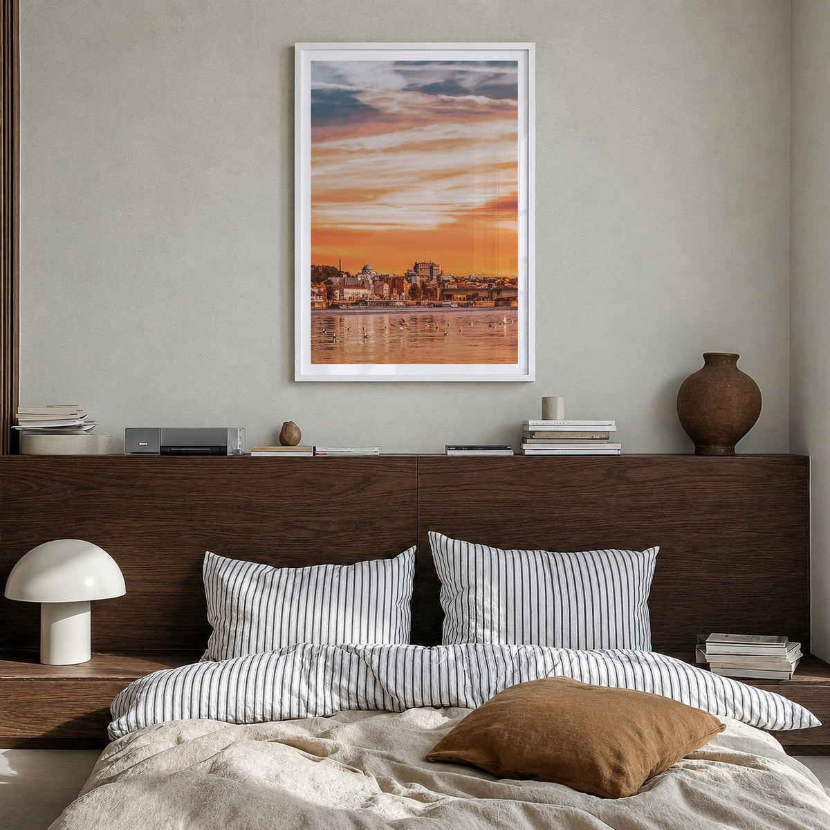 Belgrade colorful photo poster of Serbia – vertical wall art in white wood frame with white border, hanging on wall