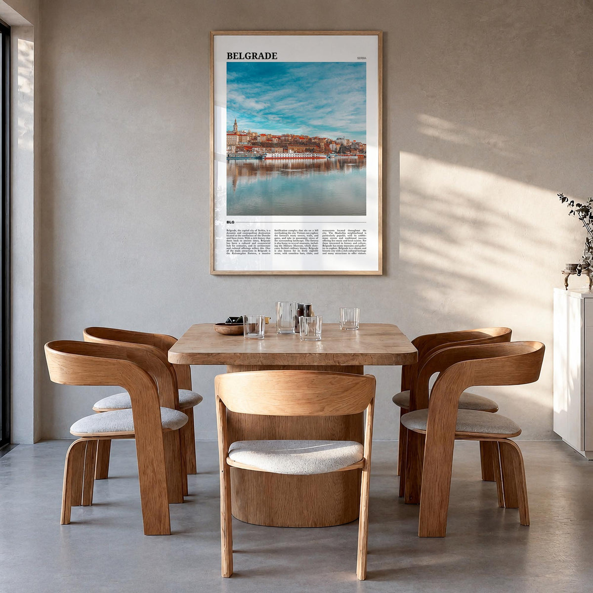Belgrade colorful travel poster of Serbia – vertical wall art in natural wood frame, hanging on wall