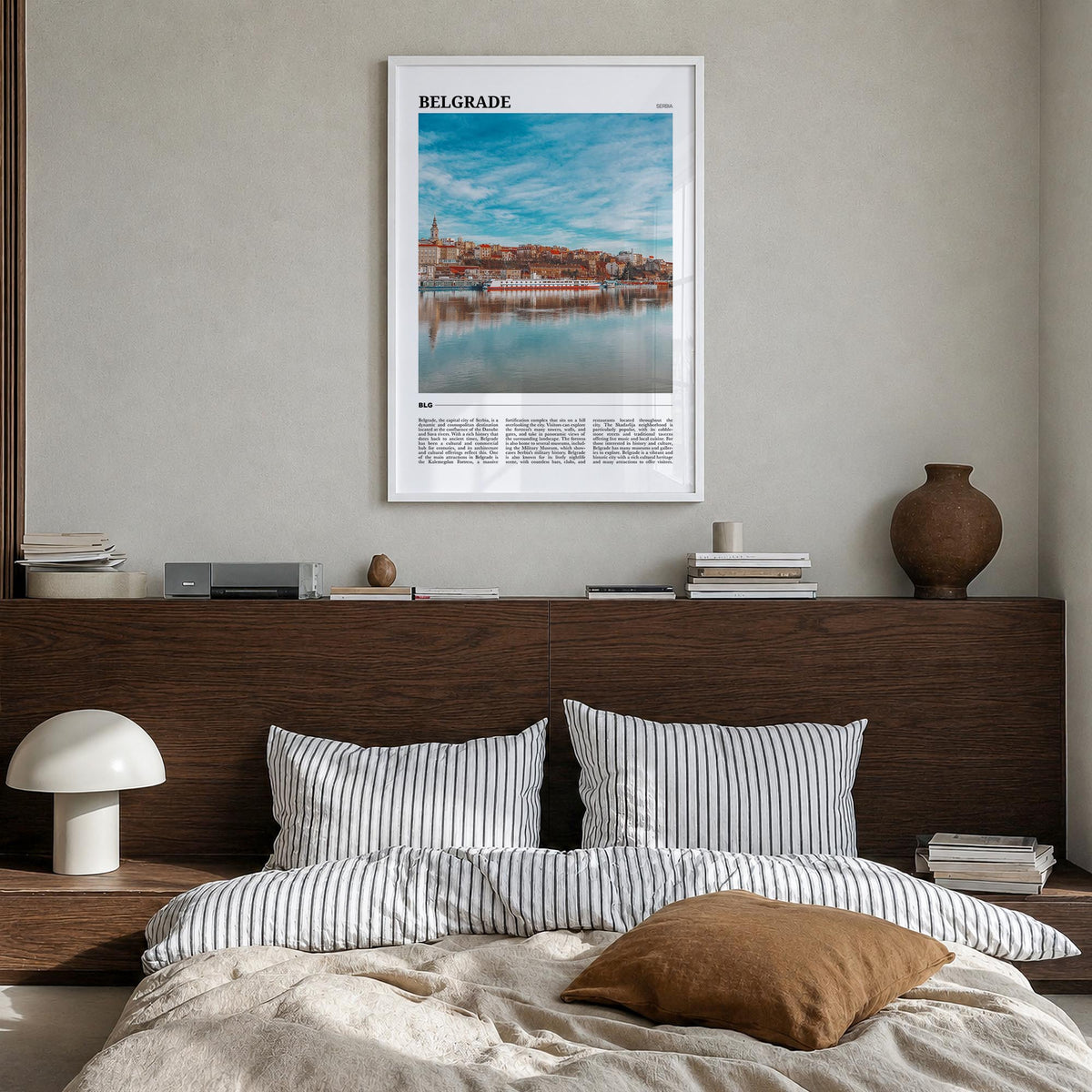 Belgrade colorful travel poster of Serbia – vertical wall art in white wood frame, hanging on wall