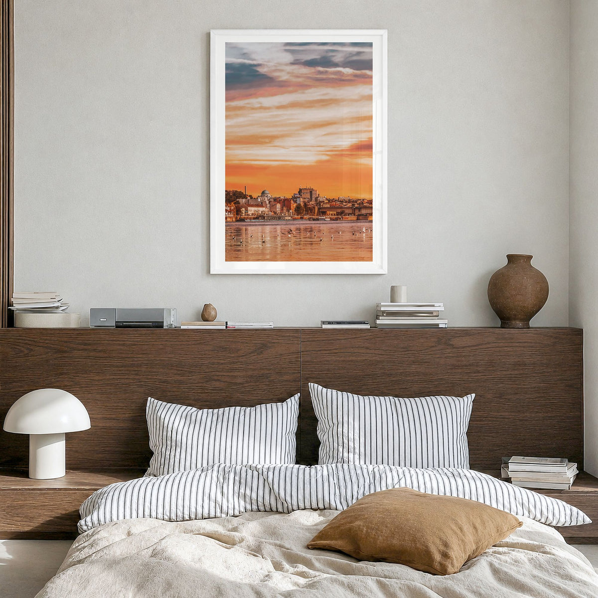 Belgrade Photo Poster in a white wood frame, hanging in a bedroom, white border