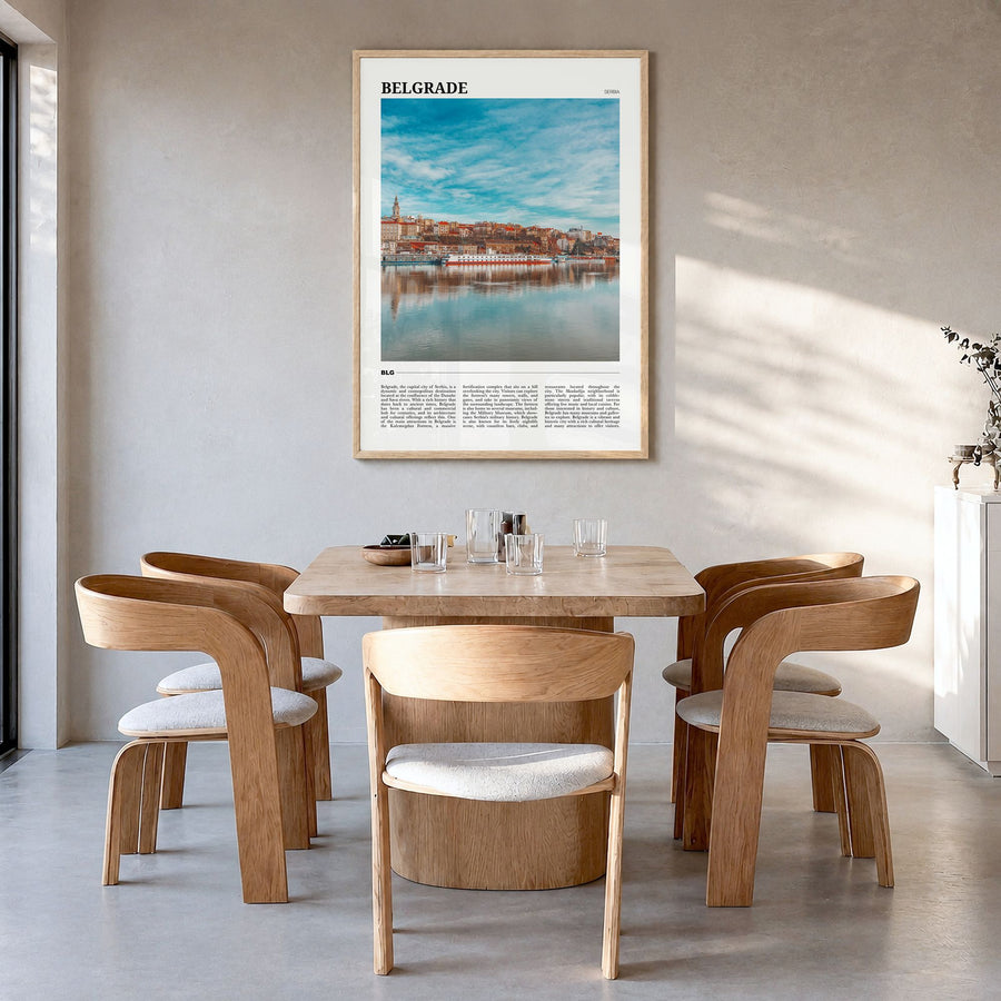 Belgrade Travel Poster in a natural wood frame, hanging in a dining room