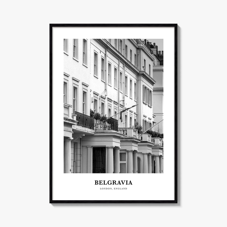 Belgravia black & white classic poster of United Kingdom – vertical wall art, unframed print shown in interior mockup