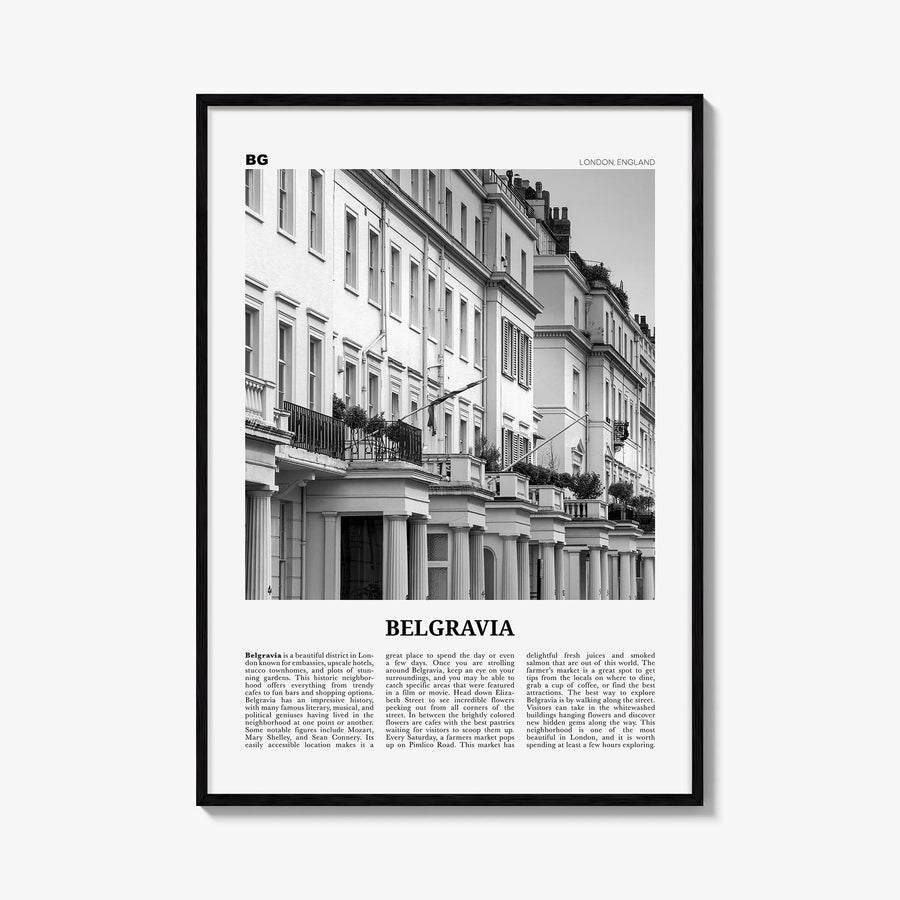 Belgravia black & white newspaper poster of United Kingdom – vertical wall art, unframed print shown in interior mockup