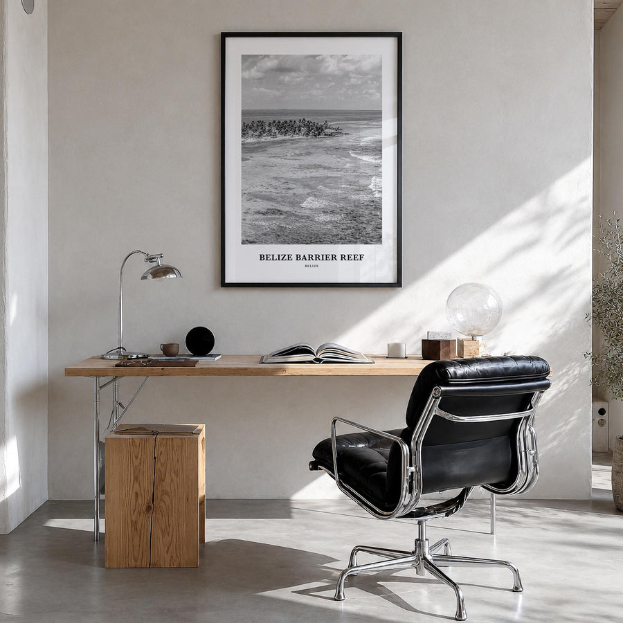 Belize Barrier Reef black & white classic poster of Belize – vertical wall art in black wood frame, hanging on wall