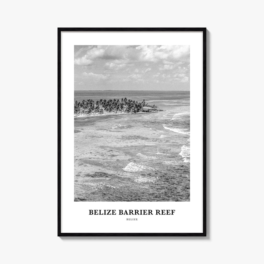 Belize Barrier Reef black & white classic poster of Belize – vertical wall art, unframed print shown in interior mockup