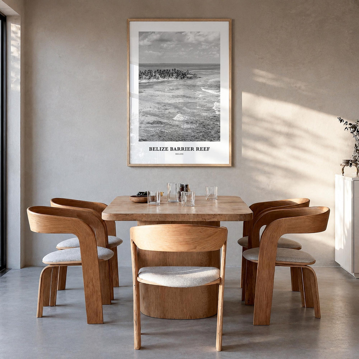Belize Barrier Reef black & white classic poster of Belize – vertical wall art in natural wood frame, hanging on wall