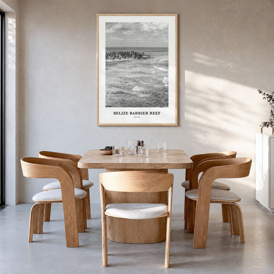 Belize Barrier Reef Classic Poster in a natural wood frame, hanging in a dining room