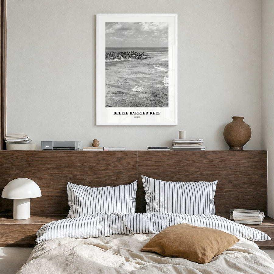Belize Barrier Reef Classic Poster in a white wood frame, hanging in a bedroom