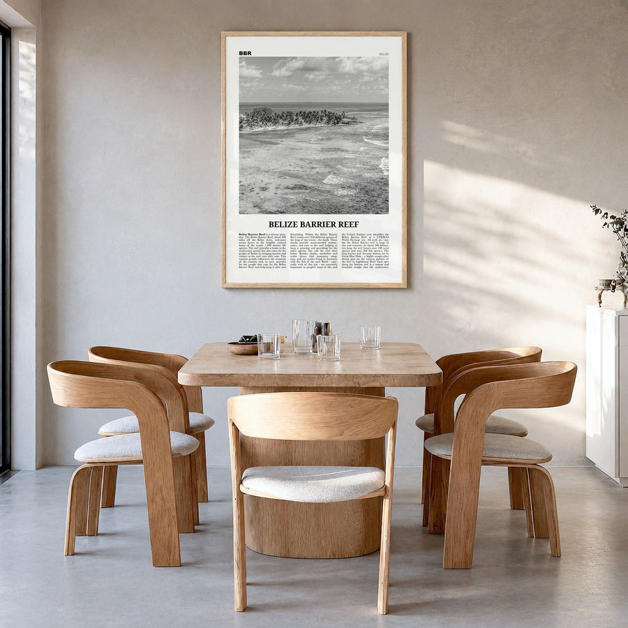 Belize Barrier Reef Newspaper Poster in a natural wood frame, hanging in a dining room
