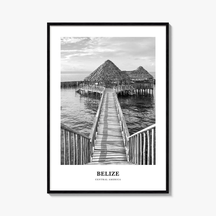 Belize black & white classic poster of Central America – vertical wall art, unframed print shown in interior mockup