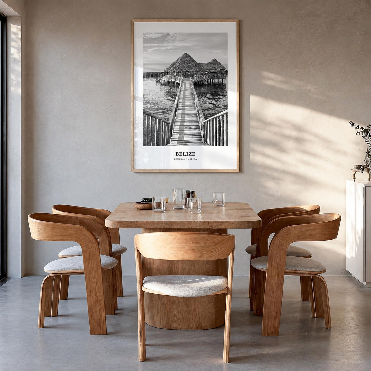 Belize black & white classic poster of Central America – vertical wall art in natural wood frame, hanging on wall