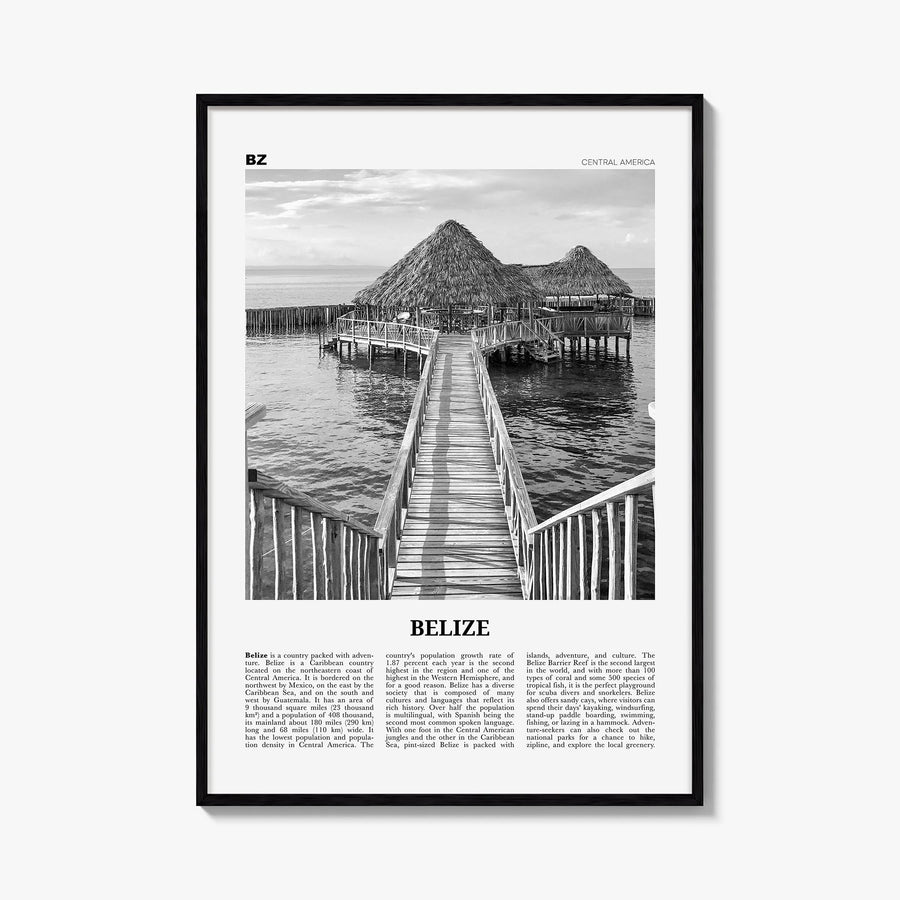 Belize black & white newspaper poster of Central America – vertical wall art, unframed print shown in interior mockup