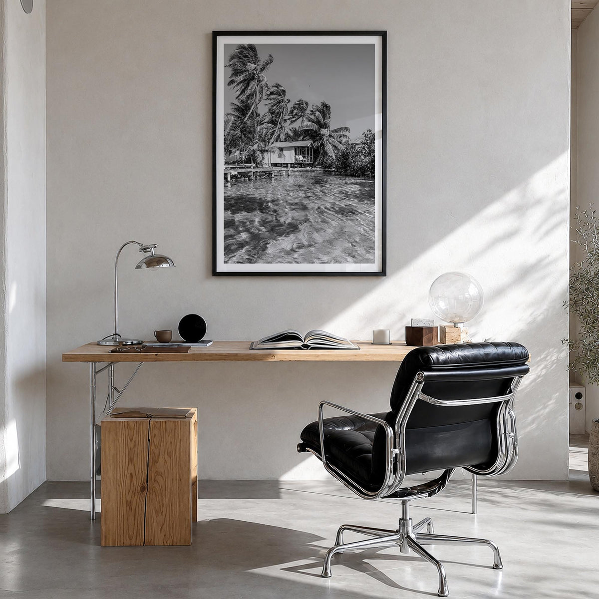 Belize black & white photo poster of Central America – vertical wall art in black wood frame with white border, hanging on wa