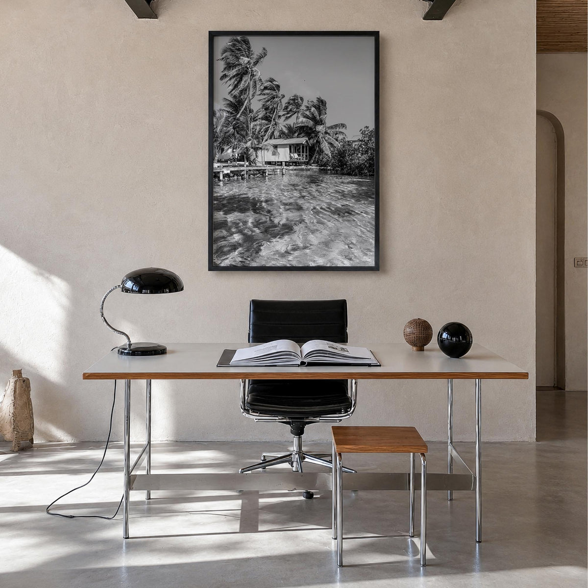 Belize black & white photo poster of Central America – vertical wall art in black wood frame, hanging on wall