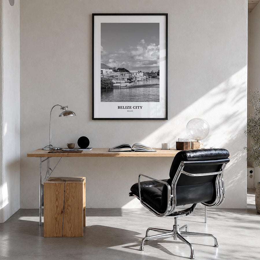 Belize City black & white classic poster of Belize – vertical wall art in black wood frame, hanging on wall